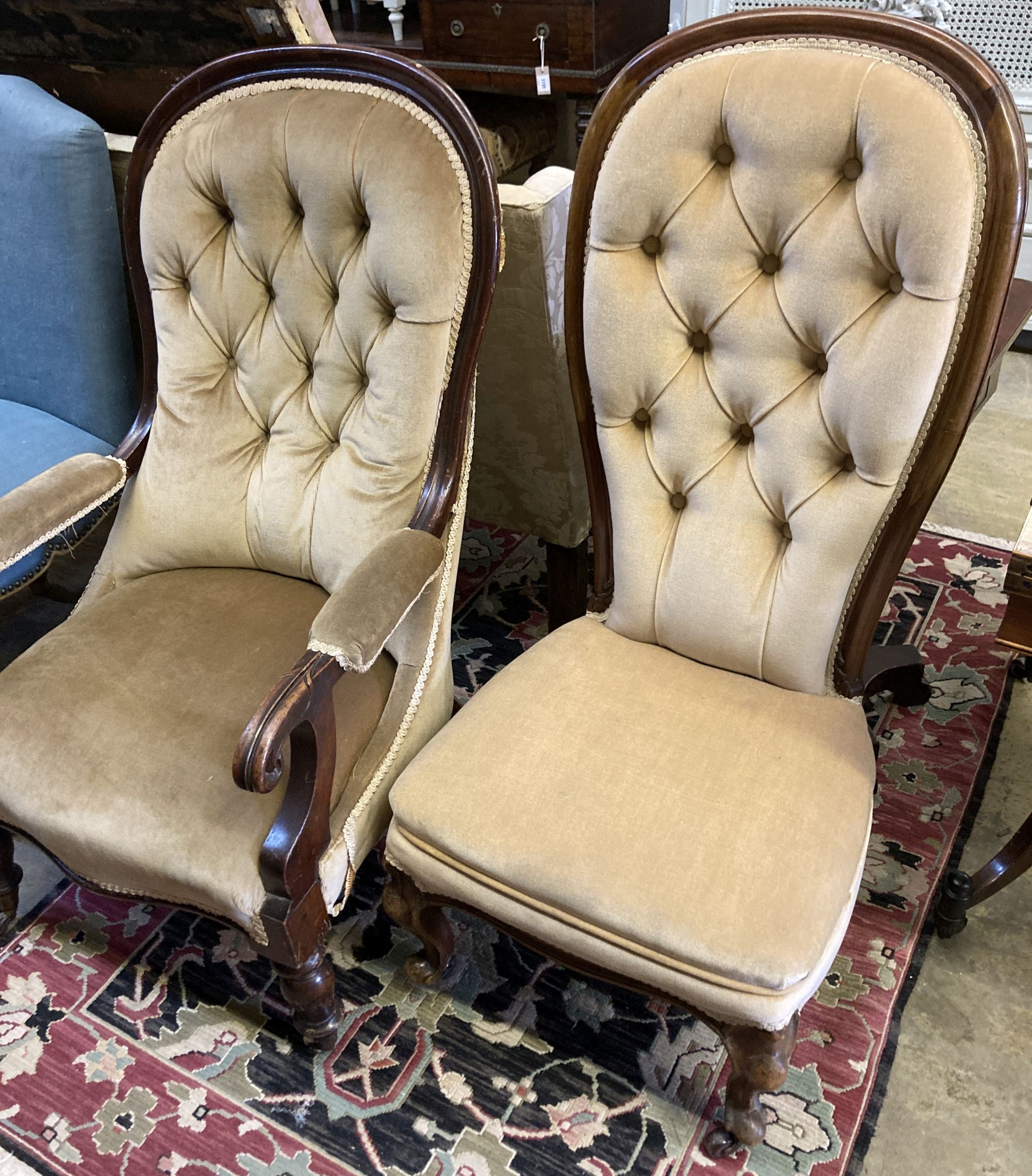 Two Victorian mahogany spoonback chairs (one with arms)